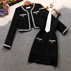 Women Tweed Jacquard Y2K Suit Jacket Coat Top And Dress Two Piece Set Elegant Chic Party Outfit Winter Fragrant Clothes 2023