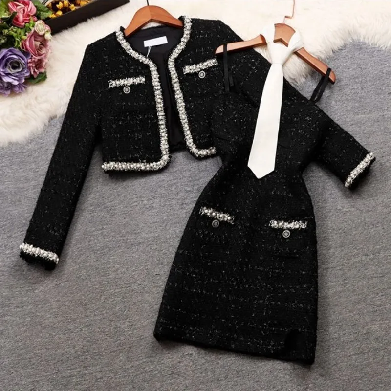 Women Tweed Jacquard Y2K Suit Jacket Coat Top And Dress Two Piece Set Elegant Chic Party Outfit Winter Fragrant Clothes 2023