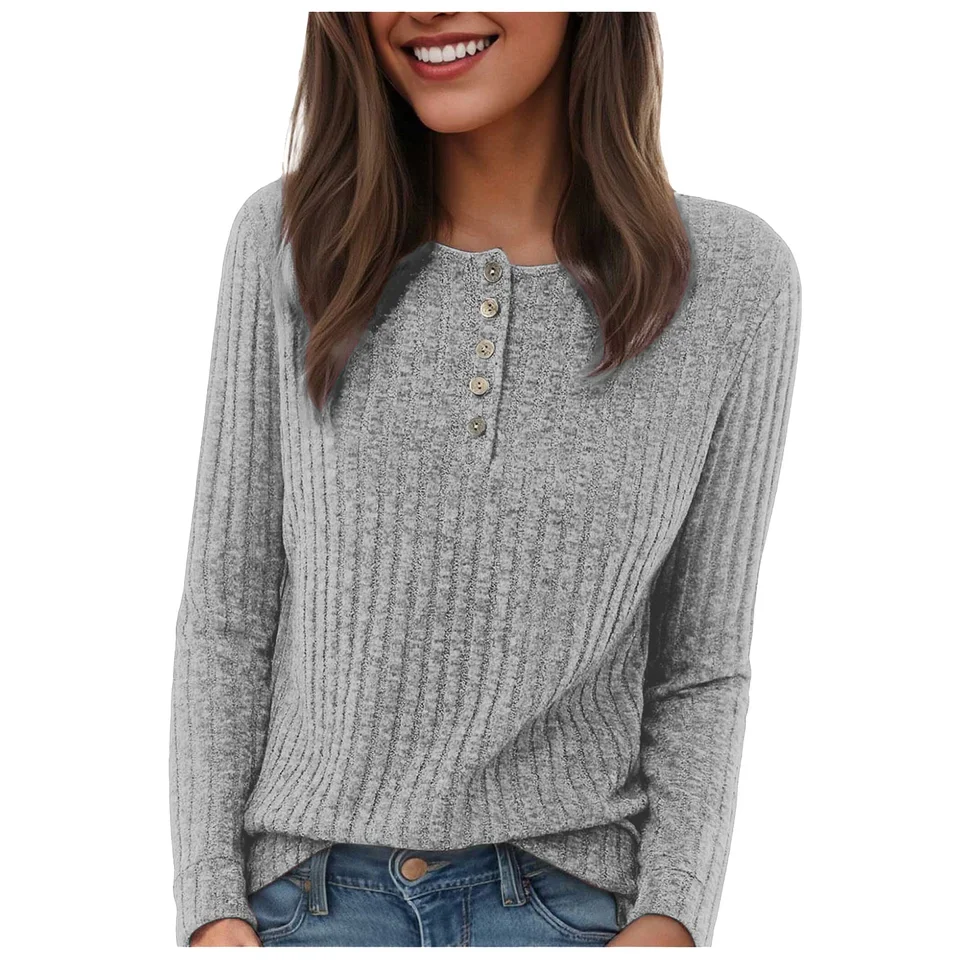

Autumn Winter Long-Sleeved Round Neck Tops Women's Ribbed T-Shirt Fashion Casual Solid Color Buttons Pullover Tshirts New