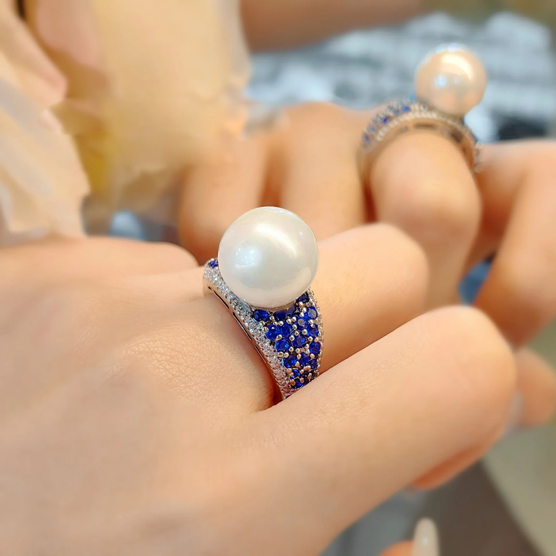 Vintage Baroque Pearl Ring Aurora Fancy Blue Spinel High Carbon Diamond