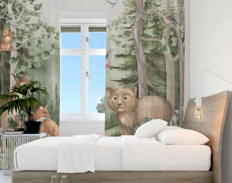 Woodland Animals Curtains Kids Nursery Black Out Nursery Decor Baby Room Curtains Forest Bedroom Living Room Curtains