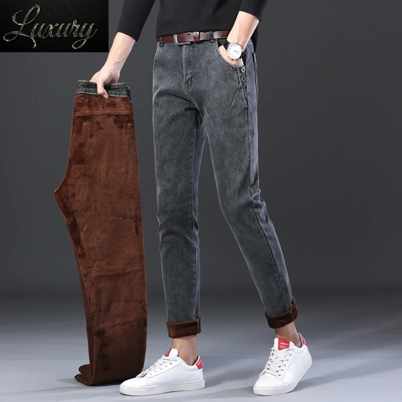 

Smoke Gray Men's Fleece Jeans Winter New Classic Style Solid Color Straight Casual Stretch Male Clothing Denim Trousers