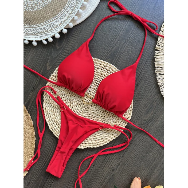 

2025Popular Nylon Red Love Bikini Suit Low Waist Lace-up Fashionbiquini