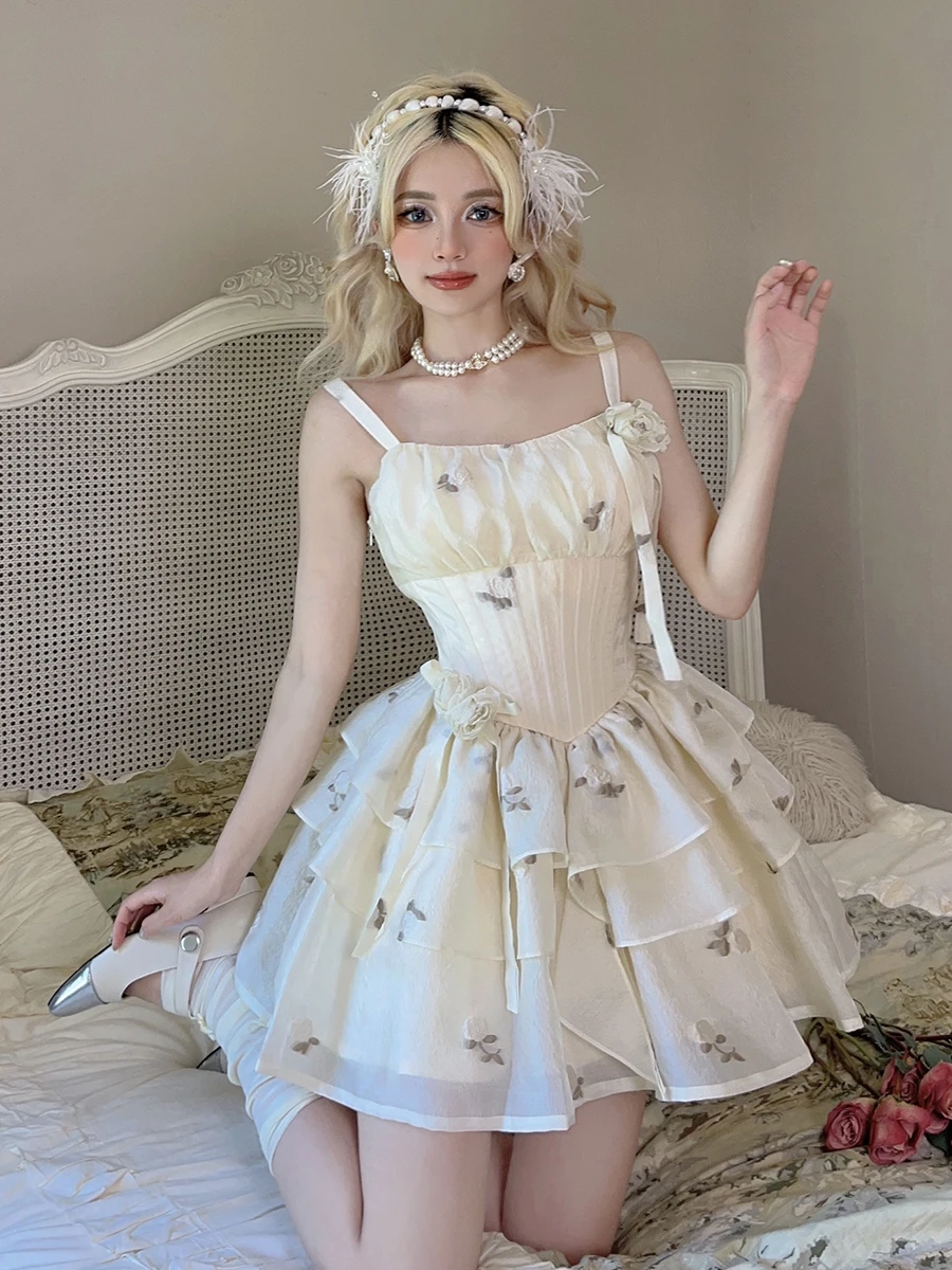 ReddaChic Romantic Rose Mini Cake Dress Women Ruffle Shirred Lace-up Boned Corset Puffy Princess Dress Lolita OP Vintage Clothes