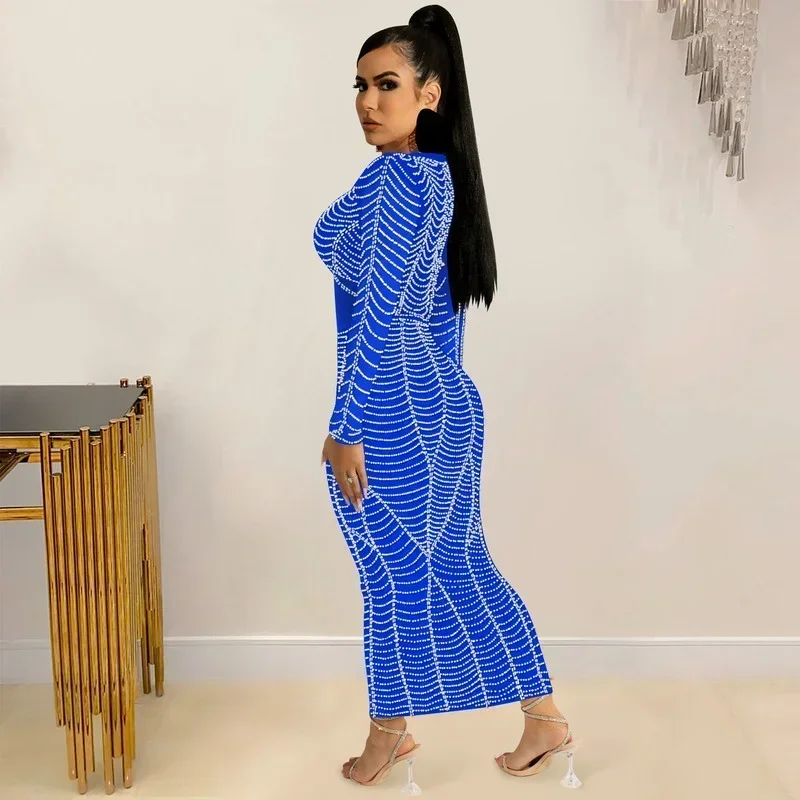 GUWU Langarm Sheer Mesh Patchwork Kristall Maxi Kleid Damen Glamour Strass Langes Kleid Bandage Sexy Party Clubwear