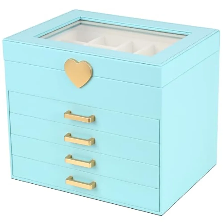 

Шкатулка для драгоценностей 5-слойная коробка-органайзер для ювелирных изделий со стеклянной крышкой Синяя коробка для хранения из искусственной кожи в форме сердца для ожерелья, серег, колец B