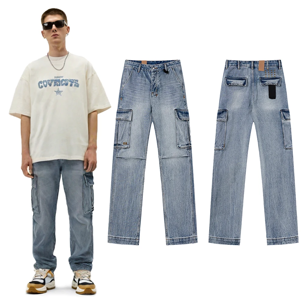 

American Streetwear Baggy Cargo Denim Jeans with 3D Pocket Hiphop Street Style Casual Cotton Retro Rock Revival Mens Cargo Pants