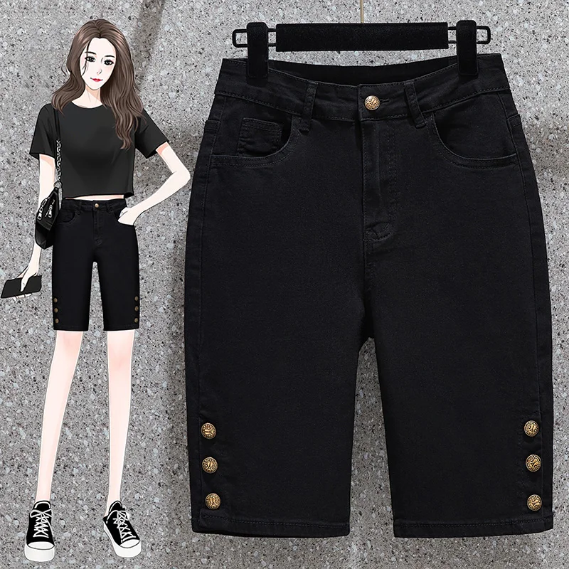 

2023 Summer New Fat MM High Waist Shorts Elastic Simple Korean Casual Black Shorts Women