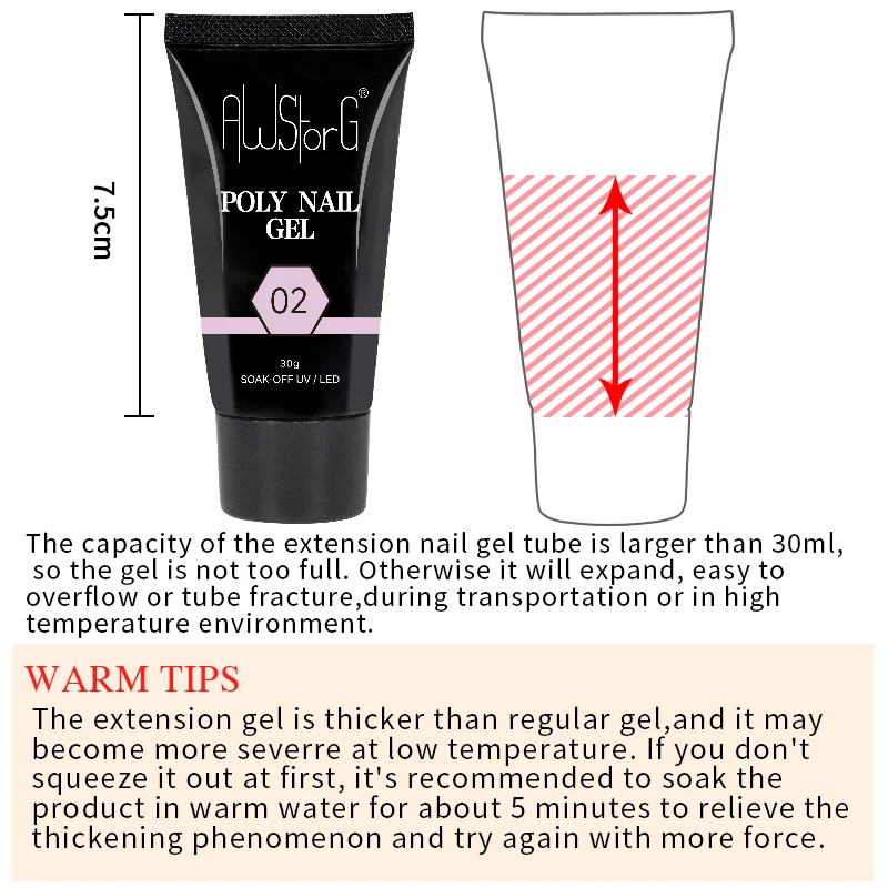 AWStorG Hema Free Poly Nail Gel 30ML Acrylic Gel Finger Extension Transparent Nail Art Extension Quick Building Soak Off UV