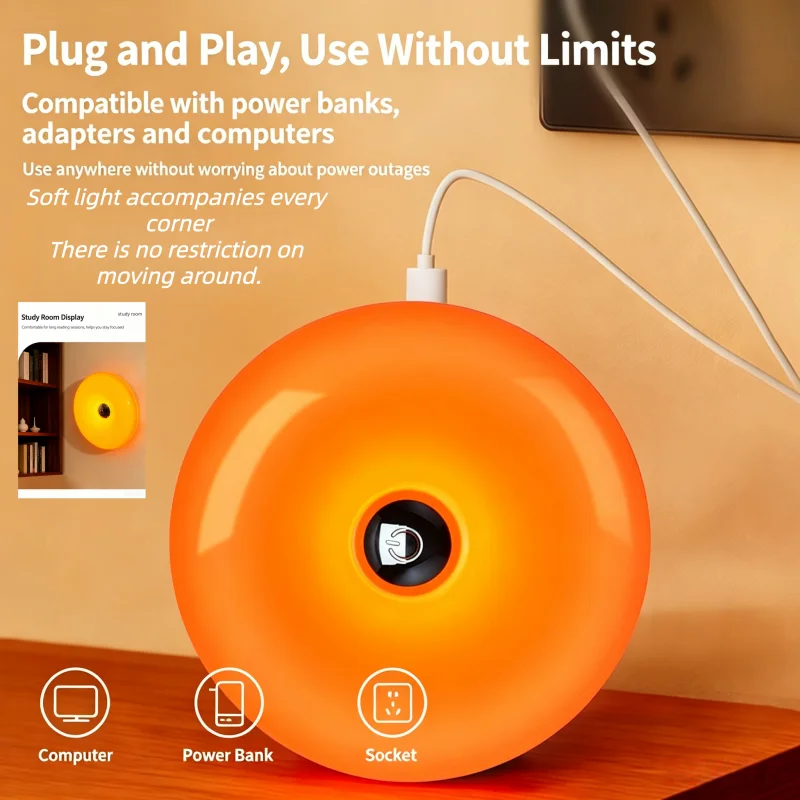 Orange Doughnut Shaped Atmosphere Lamp USB Rechargeable Touch Control Tri-Color Stepless Dimming Bedroom Bedside Table Lamp