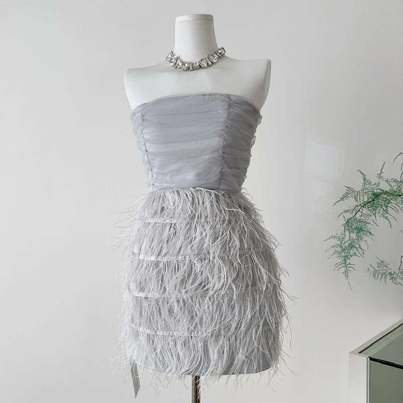 

Fashion Women's Sexy Strapless Tube Top Bodycon Sleeveless Tassel Mini Party Dress Zip Up Grey Short Dress