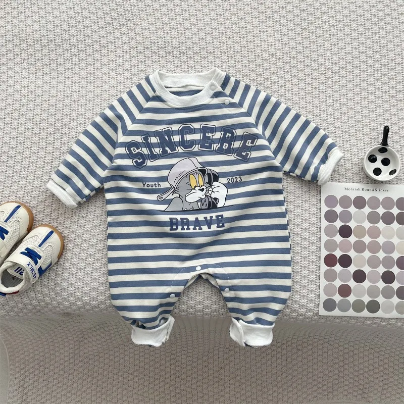 New Spring Autumn Baby Cartoon Cat Romper Infant Boy Girl Long Sleeves Striped Jumpsuit/Denim Waistcoat/Knitwear Cap K1036