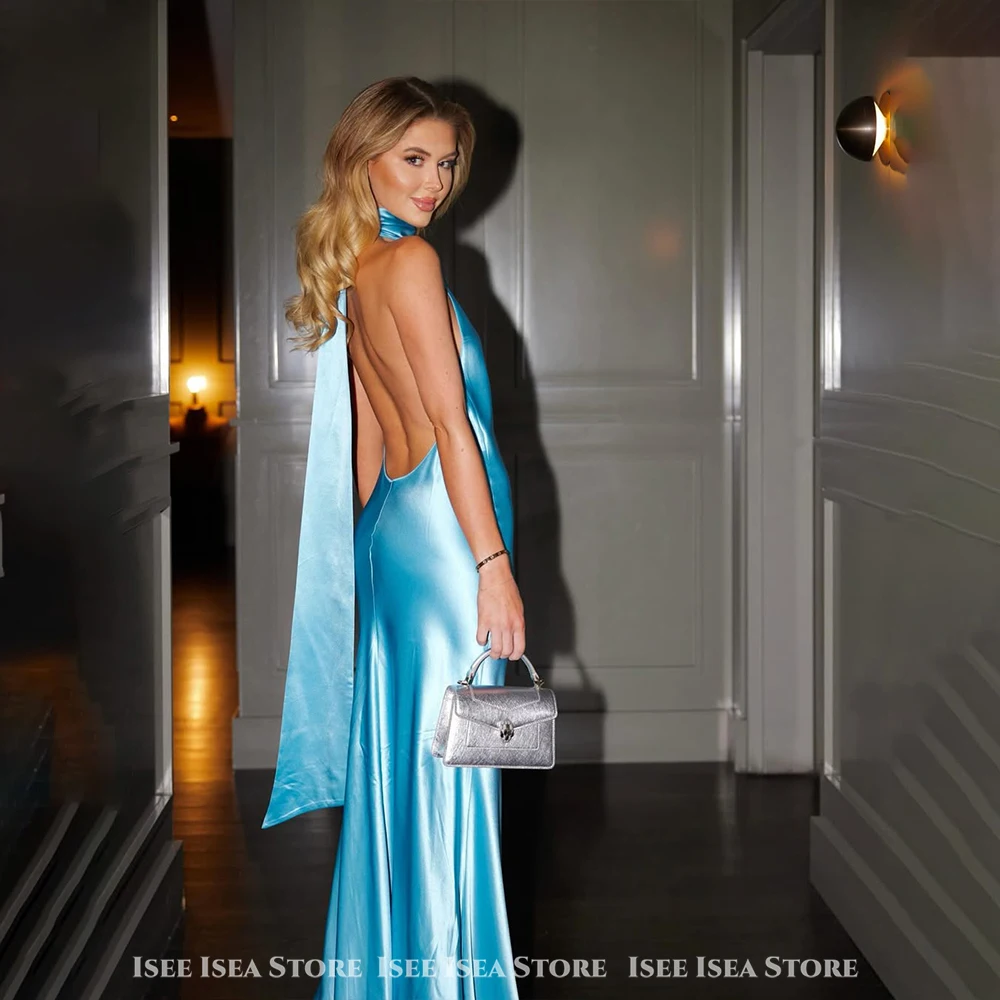 فساتين سهرة زرقاء 2025 فستان عشاء مثير بدون ظهر من الساتان بطول الأرض بدون أكمام فستان زفاف بسيط حسب الطلب