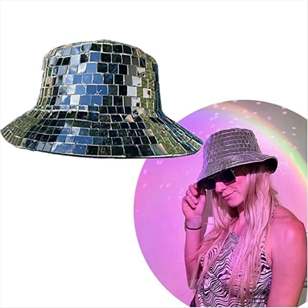 (AA91) Disco-Ball Bucket Hat mit Pailletten, Cowboy-Bucket-Hat, Spiegelpailletten-Fedora-Hut, Fischerhut, Glitzer-Tanzmütze