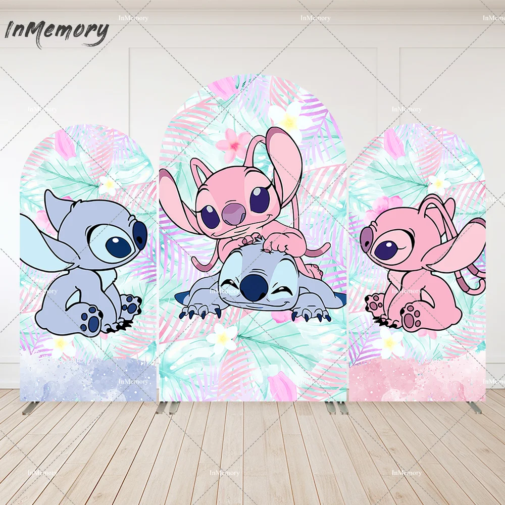 

Stitch and Angel Gender Reveal Party Arch Backdrop Chiara Wall Pastel Rainbow Palm Leaves Aloha Birthday Background Banner