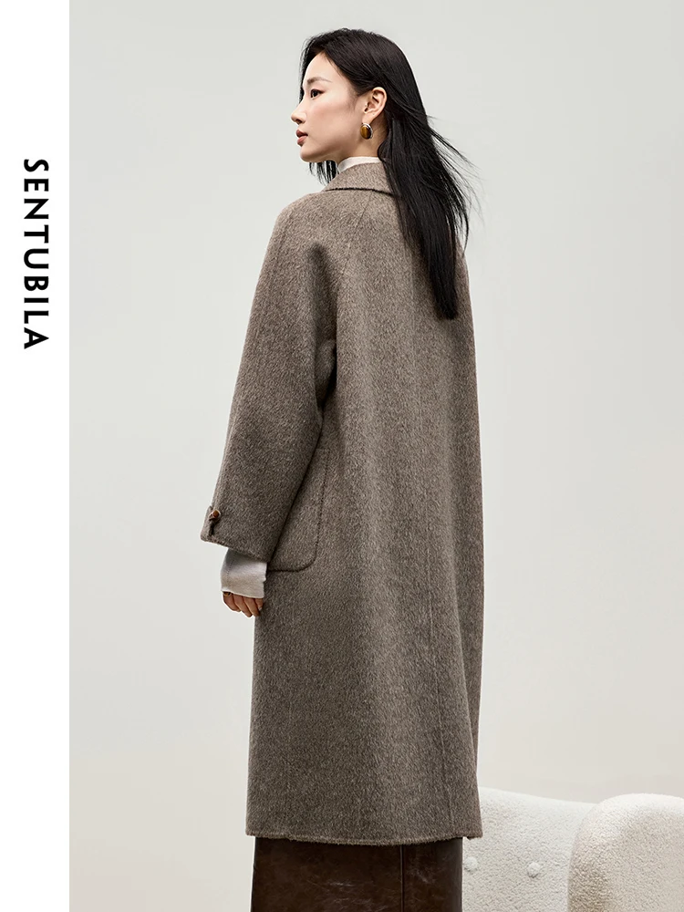SENTUBILA Women's Tweed Jackets 100% Wool 2025 Winter Elegant Long Coats Bull Horn Buckle Big Pockets Woman Overcoat W44O55978