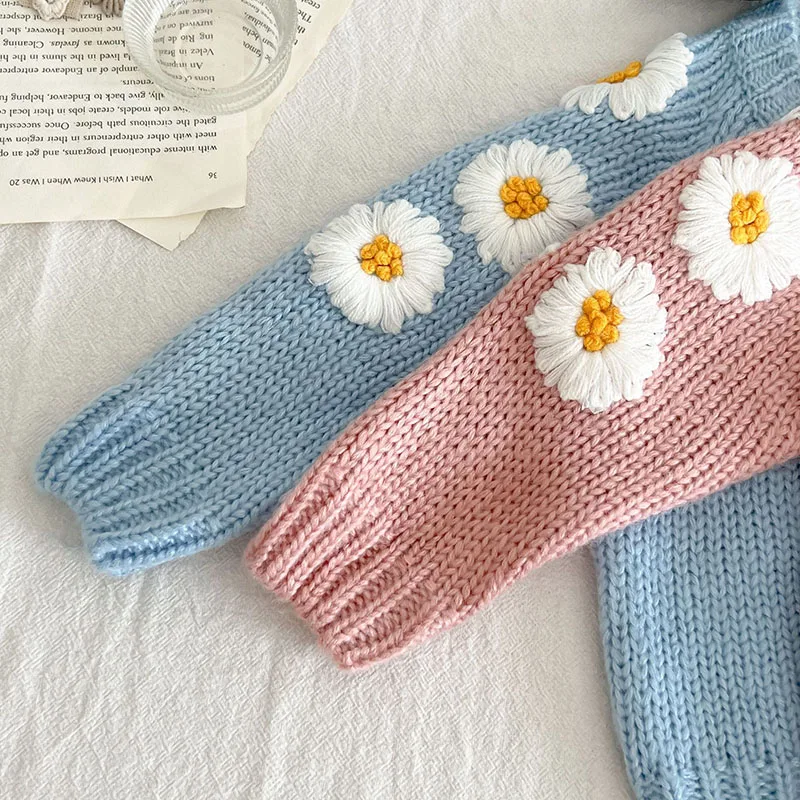 Toddler Baby Girls Sweater Coat Handmade Flower Embroidery Infant Baby Girl Knitting Cardigan Autumn Spring Baby Girl Clothing