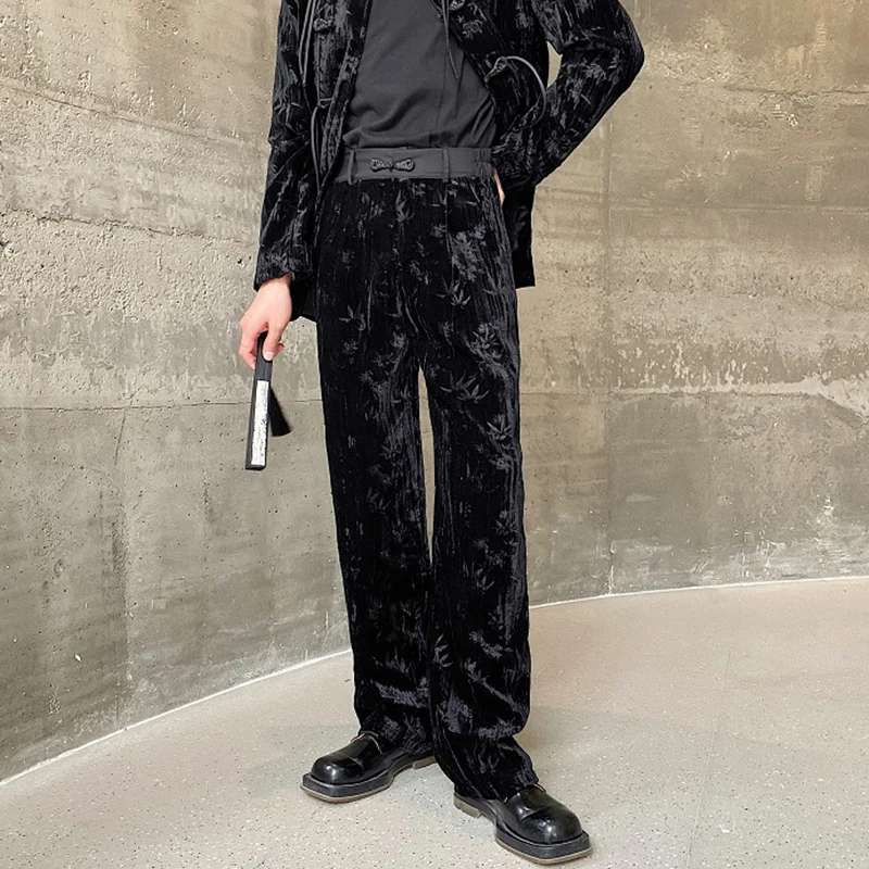 PFNW Autumn Men\'s Set New Chinese Style Standing Collar Jacket Two Piece Fashion Velvet Pleated Printing Sweatpants Suits 9C2613