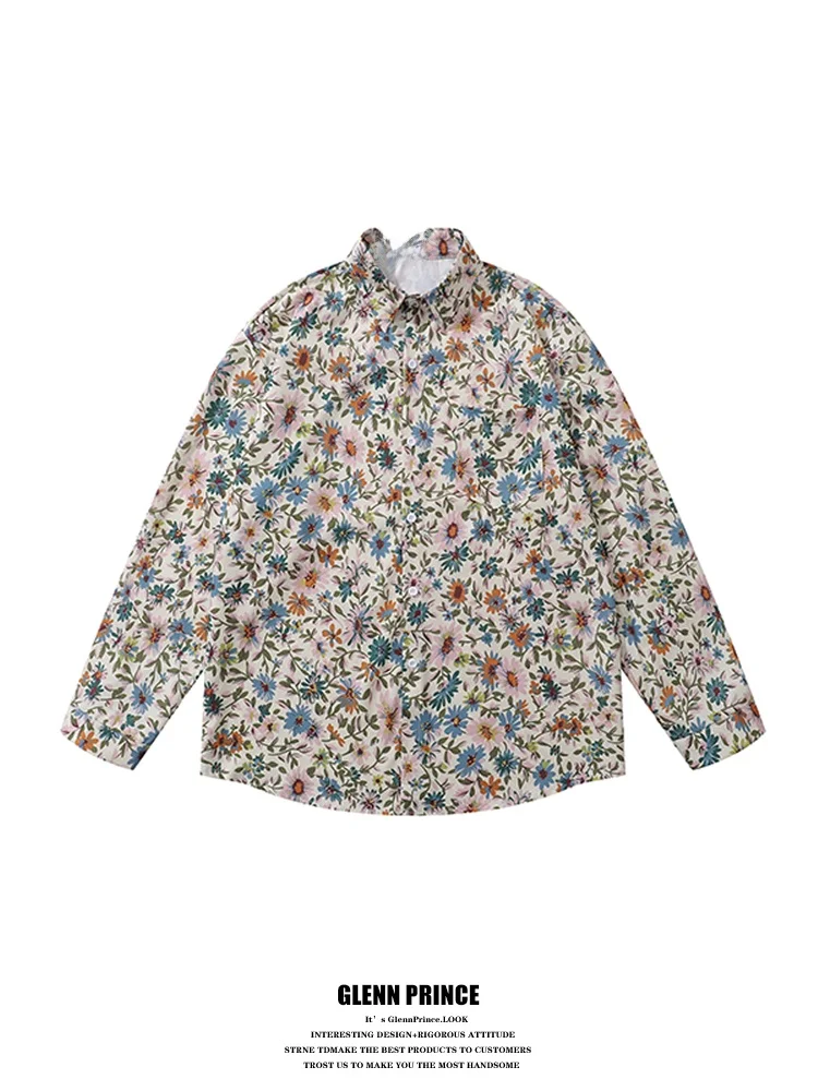

GPstudio Japanese Style Retro Countryside Daisy Floral Print Long Sleeve Men's Shirt Autumn Beach Holiday Style Loose Fit Shirt