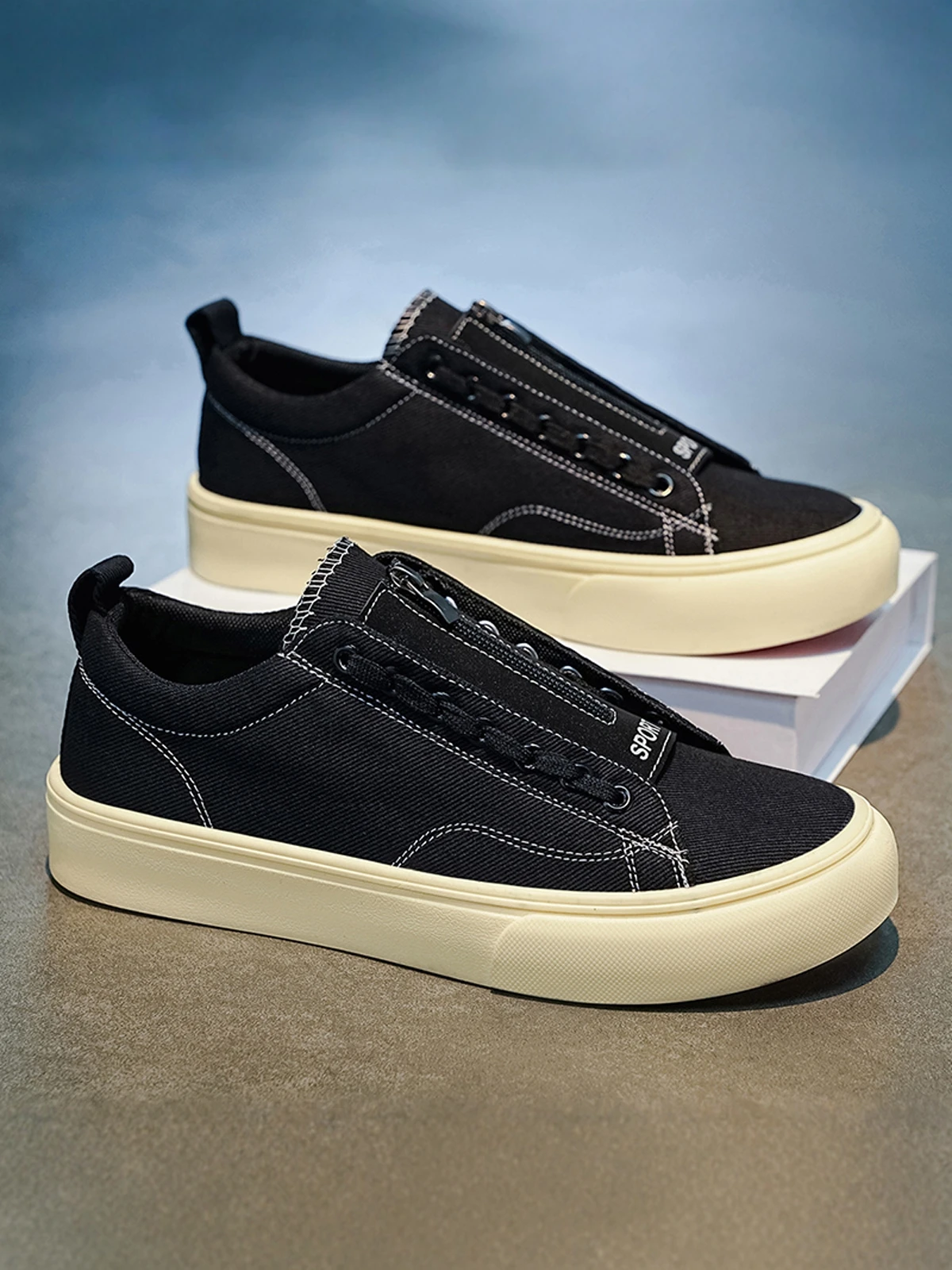 

New 2026 Men's Canvas Shoes Zipper Work Footwear Black Summer Casual Versatile Trendy Low Top Breathable round Toe Thick Heel