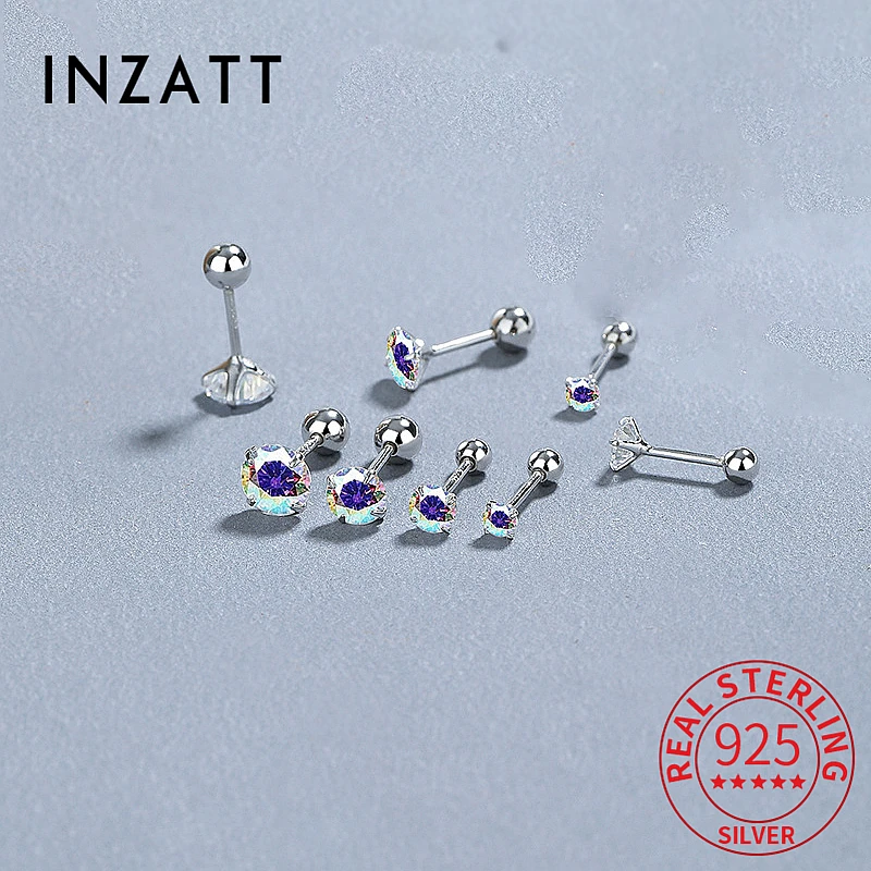 INZATT Real 925 Sterling Silver 3/4/5/6mm Zircon CZ Round Stud Earrings for Women Fine Jewelry Piercing Screw Ball Accessories