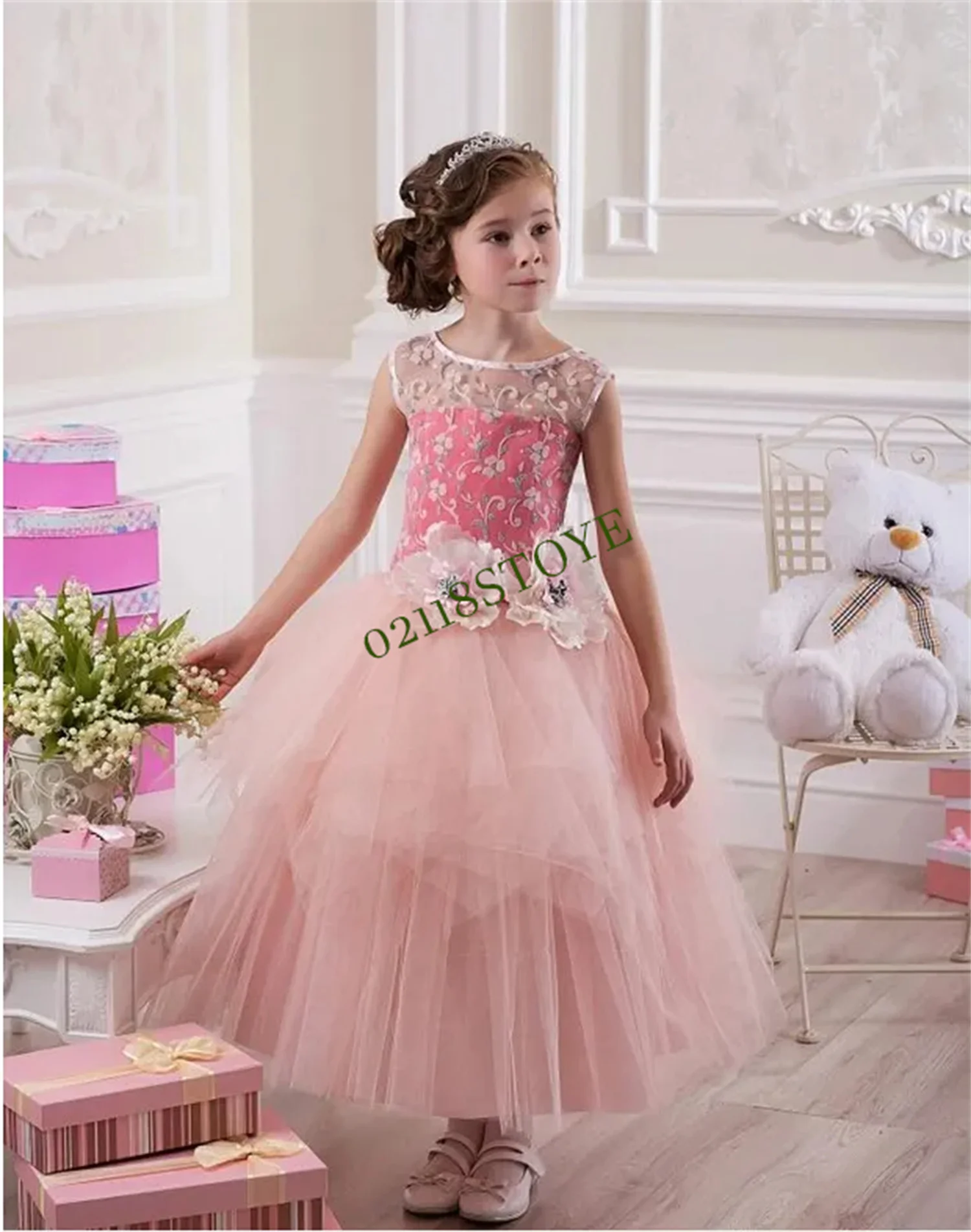 

Flower Girl Gown Baby Child Birthday Appliqué Sleeveless Christmas Dresses Children Princess Party Baptism Gift First Communion