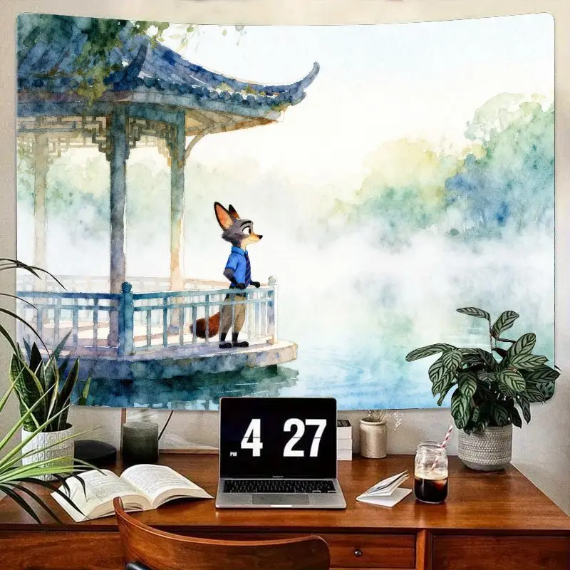 

1 шт. гобелен «Зверополис», «Ник Уайльд», современное настенное искусство с акварельной лисой, китайский павильон «Сцена озера», полиэстер, декор для спальни в общежитии