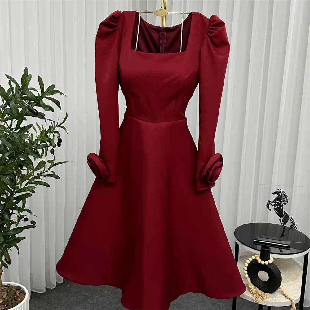 Customized Evening Dress Classic Square Collar Off the Shoulder Long Sleeves Prom Gowns Satin A-Line Knee Length Party Dresses