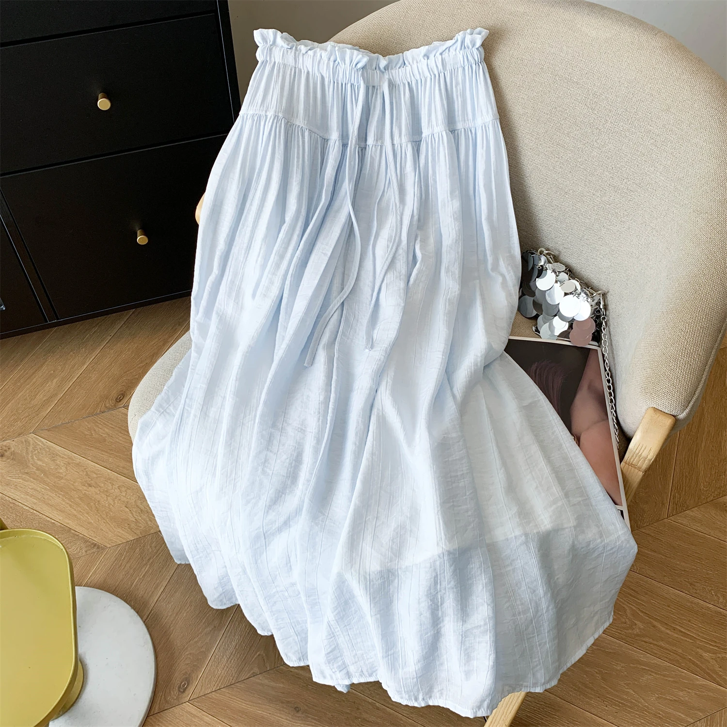 Comfortable High Waist A-Line Midi Skirt with Drawstring And Wood Grain  Pleats Slimming Design Breathable Skin-Friendly