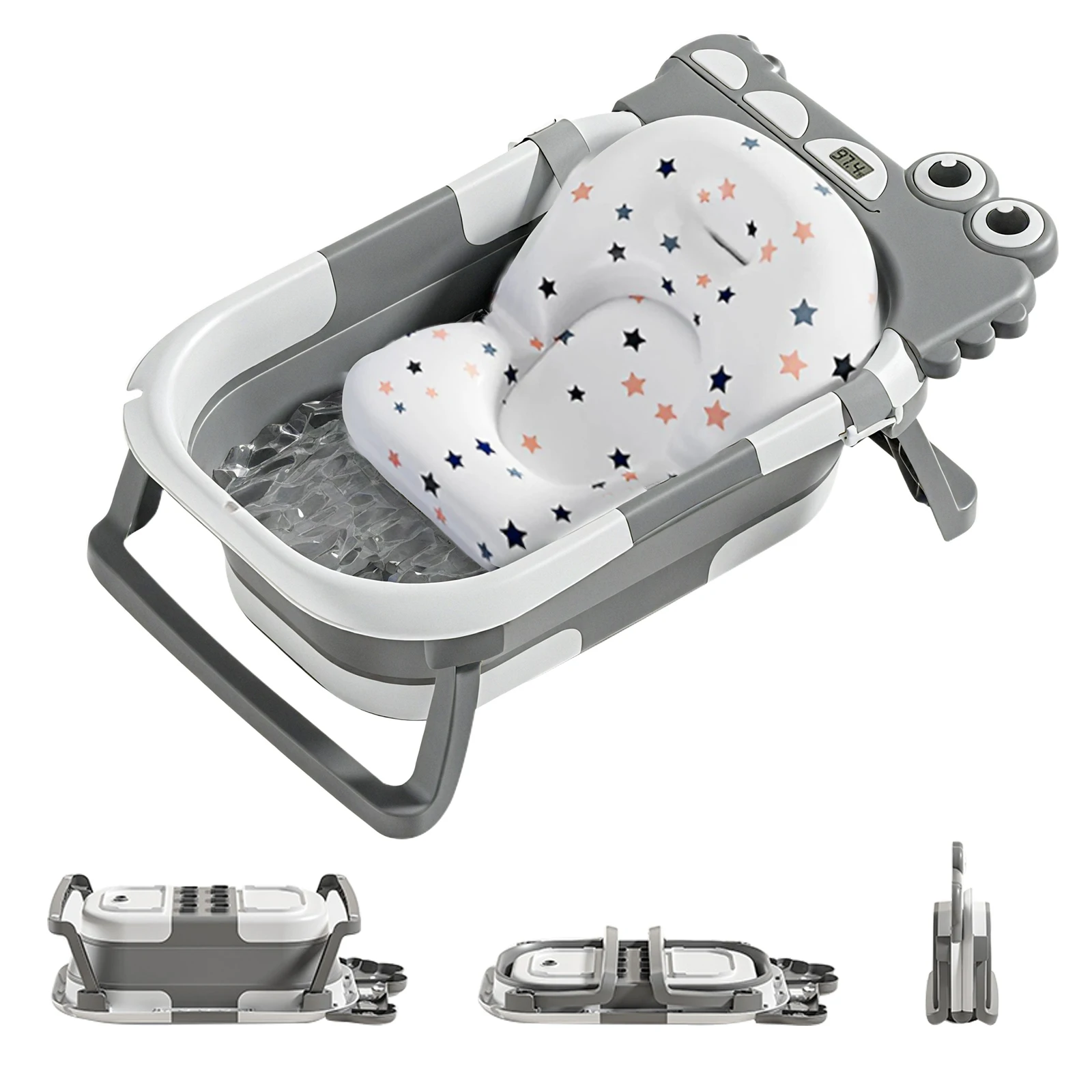 Bain de bébé pliable avec oreiller de bain antidérapant, bain de bébé avec siège de bain de bébé et 