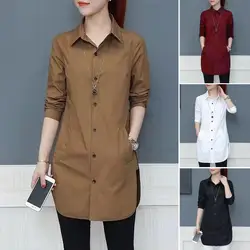 Women Shirt Solid Color Long Sleeve Single Breasted Turndown Collar Loose Streetwear Spring Summer OL Basic Shirt Blouse