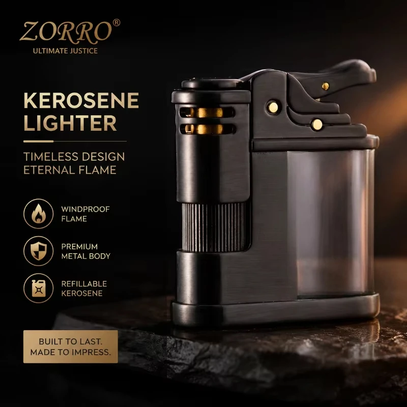 ZORRO Vintage Coal Oil Lighter Refillable Fuel Windproof Lighter Classic Gift for Men Smoker Collection One Click Ignition Press