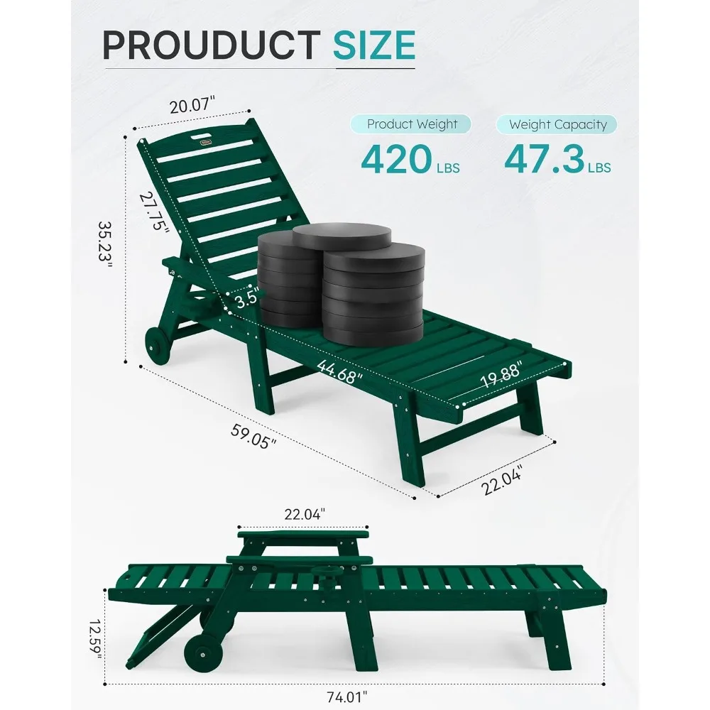 Patio Chaise Lounge Chair Set of 2, Oversize Lounge Chairs with Wood Texture& Rolling Wheels, HDPE 5-Position, Customized