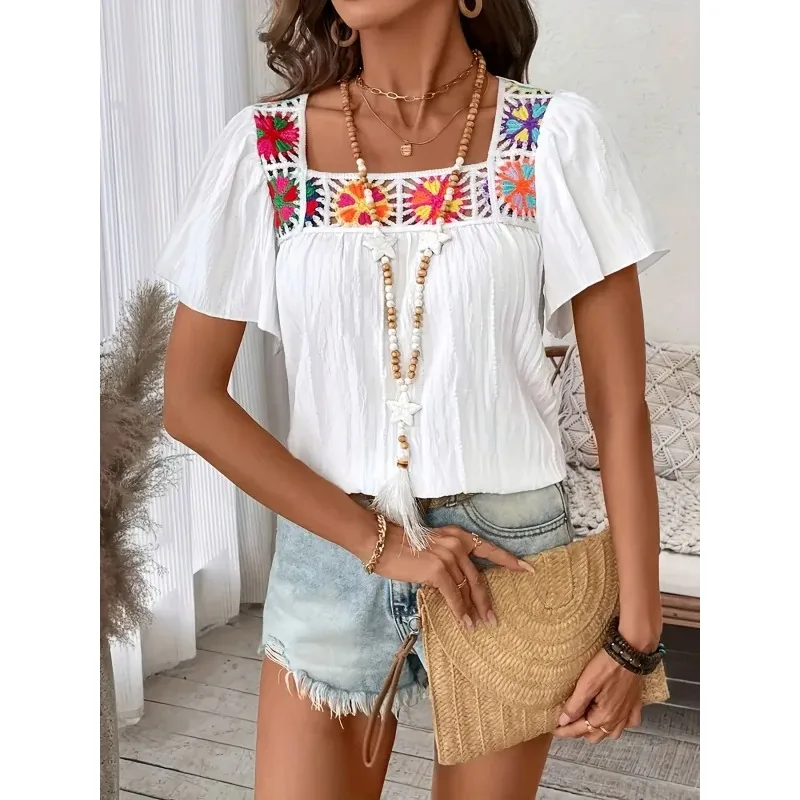 

Plus Size 1XL-5XL New Women Elegant Square Neck Slight Stretch Blouse Women Embroidered Crochet Summer Shirting