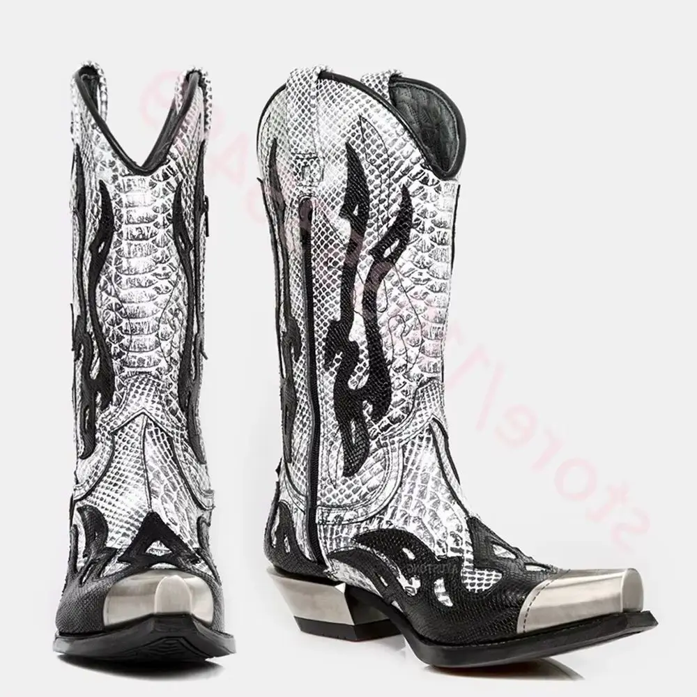 

Новые ковбойские сапоги в стиле панк со змеиным принтом, квадратные модные вечерние повседневные рыцарские сапоги, мотоциклетные ботинки на толстом каблуке в стиле рок