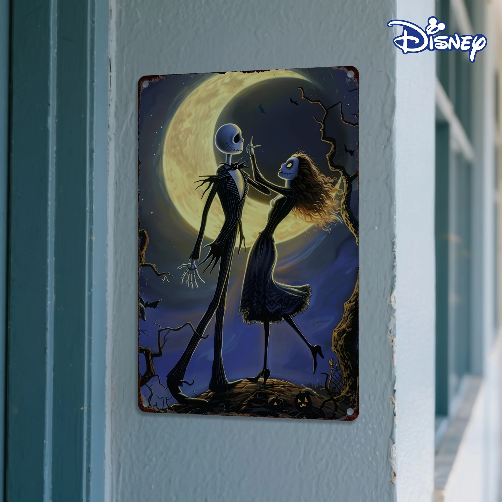 Letrero de chapa de Metal de pesadilla antes de Navidad de Disney, escena de Romance gótico Jack y Sally Moon, decoración Vintage de Halloween, pesado, 1 ud.