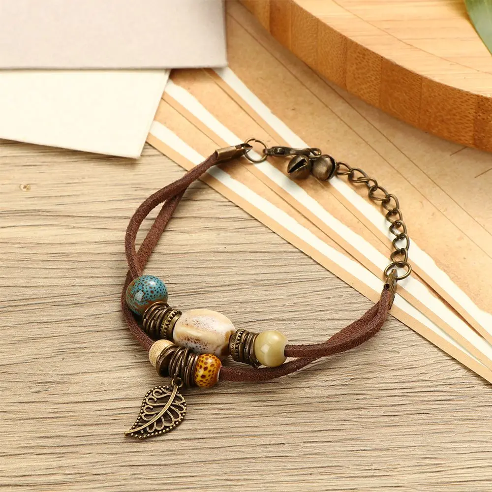 Hand-woven Cowhide Rope Bracelet Ceramic Bead Bohemian Bracelet Birthday Gift Accessories Creative Popular Gift Jewelry