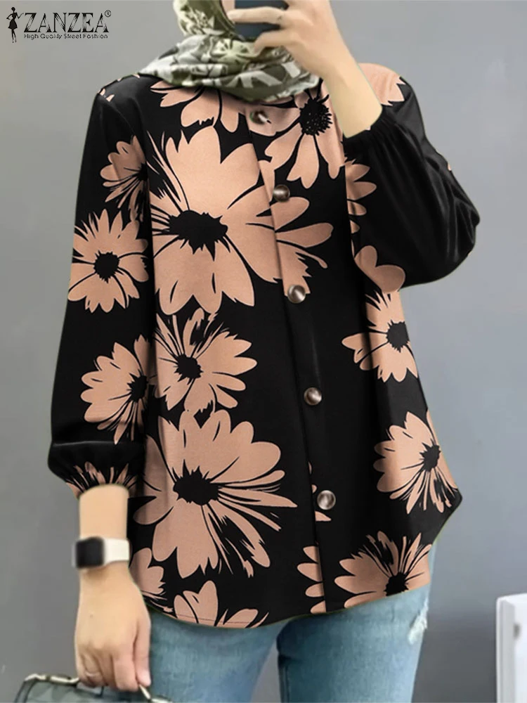 ZANZEA Vrouwen Bloemen Gedrukt Blouses Casual Button Up O Hals Islamitische Hijab Tuniek Tops Lange Mouw Moslim Mode Vakantie Shirts