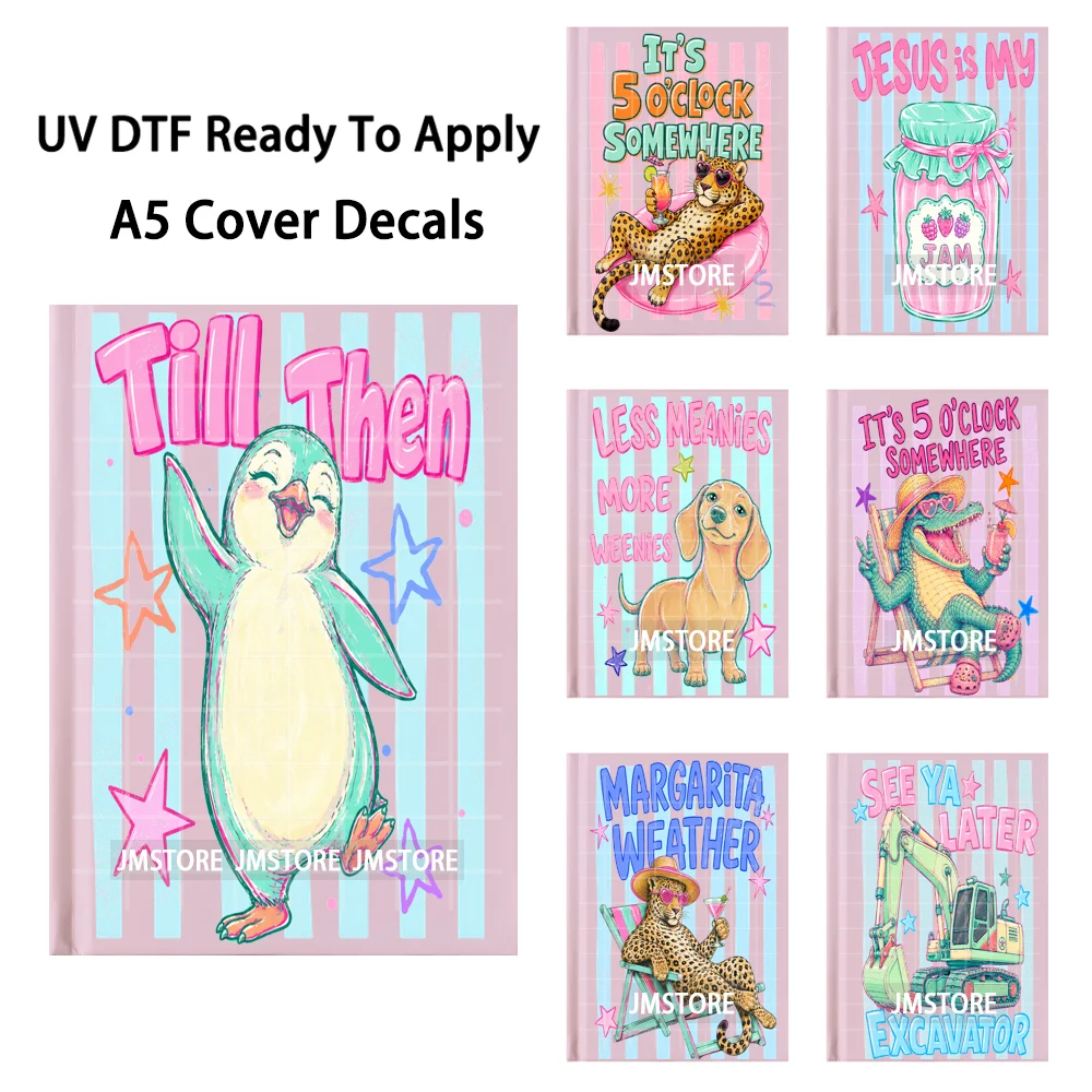 Preppy Summer Vibes Striped Animals UV DTF Notebook Cover Decals Ready To Apply Durable Transfer Stickers For A5 Journal Cover