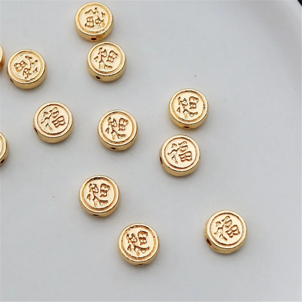 

14K Gold-filled Color-retaining Round Cake Beads, Double-sided Fu Zi Texture, DIY Handmade Jewelry Accessories, Through Hole 6mm