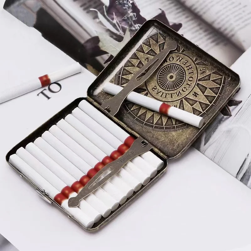 

Vintage Metal Cigarette Case Box Portable 20 Cigarettes Case Holder Retro Smoke Tool Pocket Smoking Accessories Men Gifts