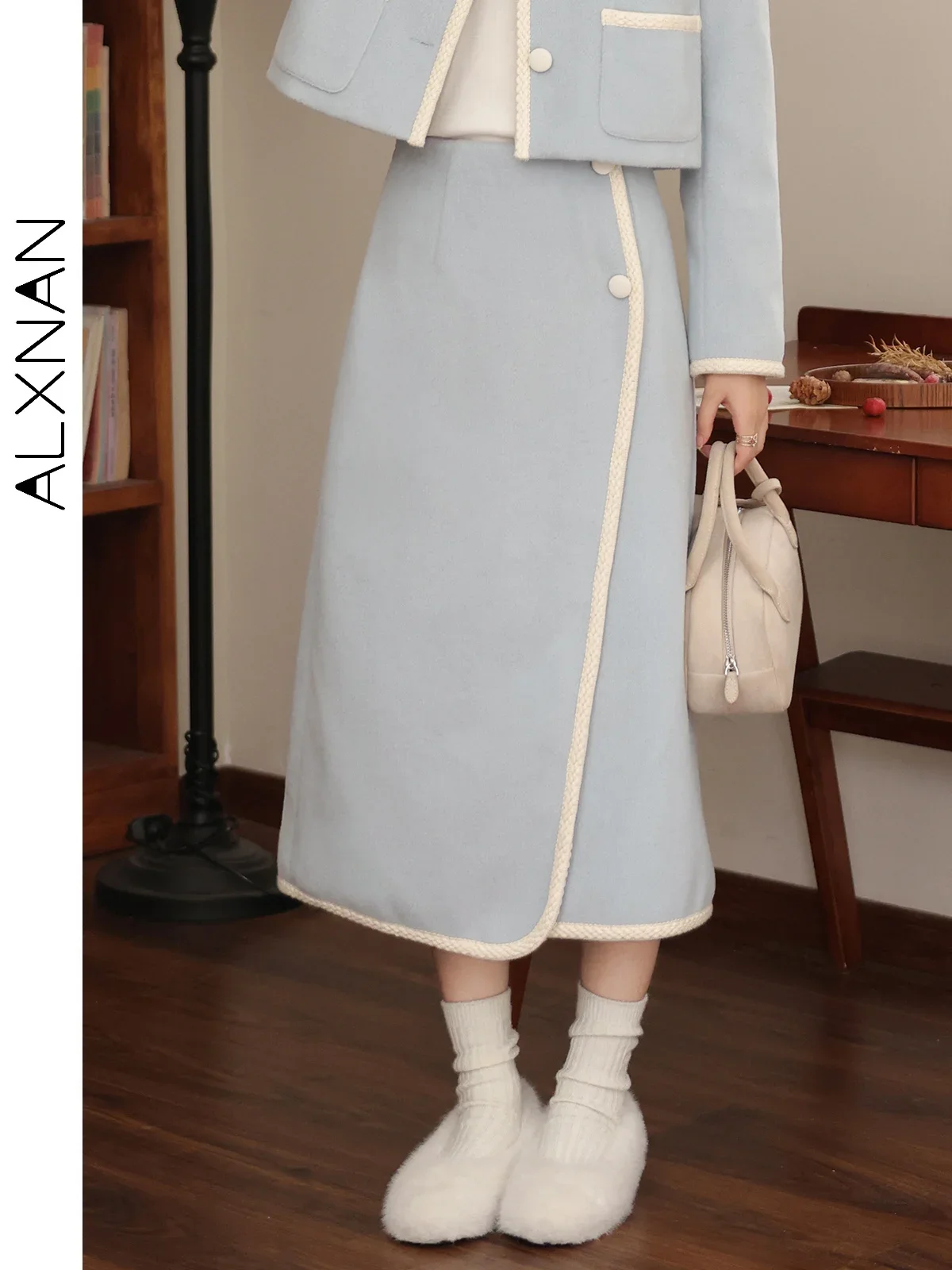 ALXNAN Women's Light Blue Skirt New Commuter Elegant Trendy Solid Midi Skirts Female 2024 Autumn Winter Sold Separately L33092BQ