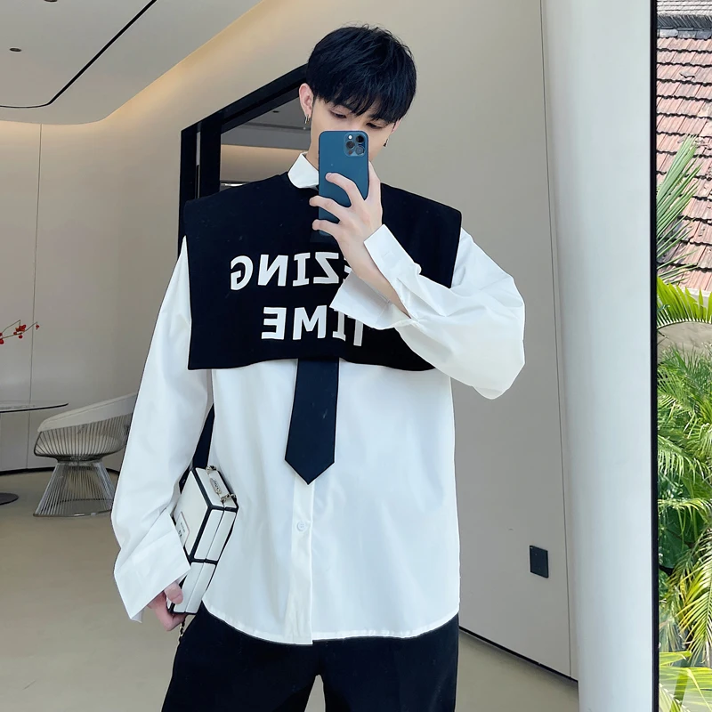 

Spring Faionable Men's Long Sve irt Tie Two-Piece Set Casual Korean Sle College Wind Printed Loose Fit Youth ular