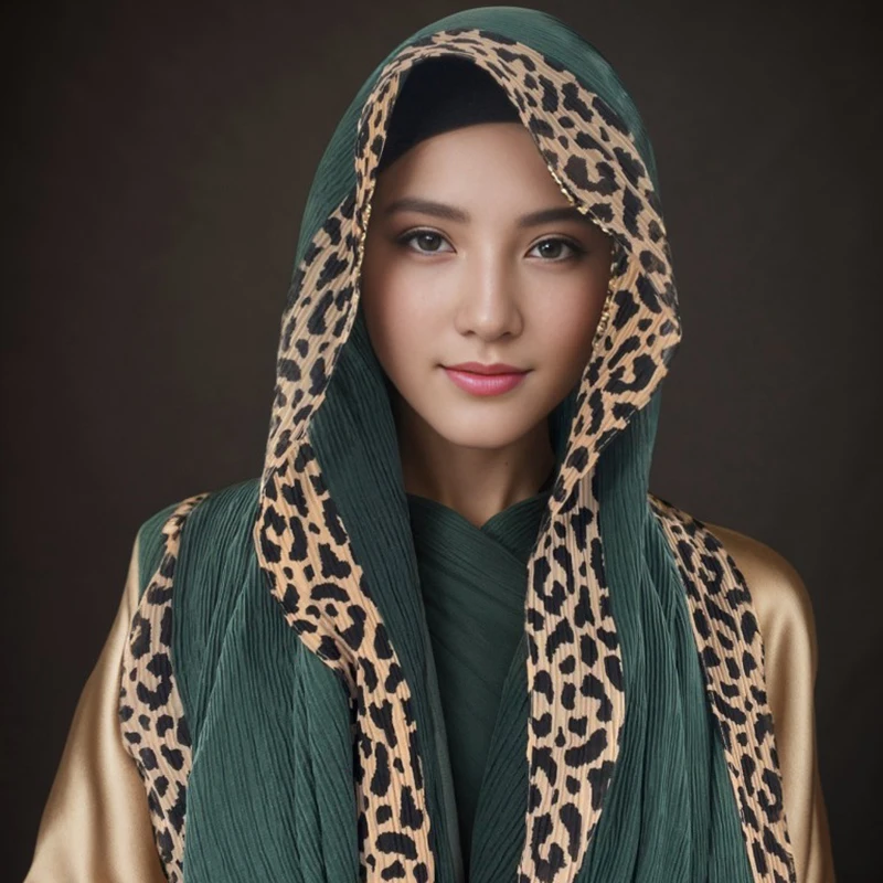 2024 New Fashion Pleated Scarf Leopard Print Hijab Islamic Solid Headscarf Crinkle Hijab Foulard Femme Musulman Wrap