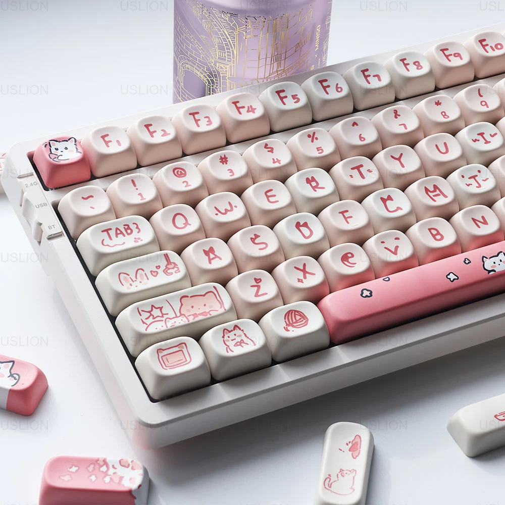 139 Keys Cute Pink Cat Keycaps MOA Profile PBT Dye Sublimation Caps For Mechanical Keyboard Accessories DIY Keyboard Keycap Set