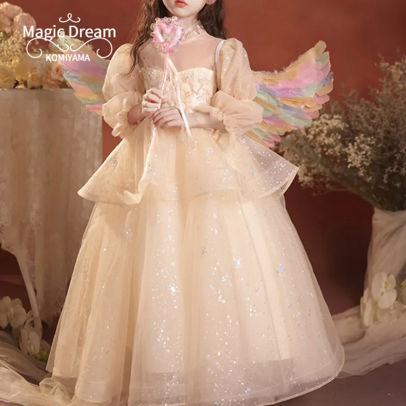 Customized O-neck Long Sleeve Elegant Design Niche Wed Flower Girls Dresses Pleated Appliqué Kids Birthday Party Vestidos Prince