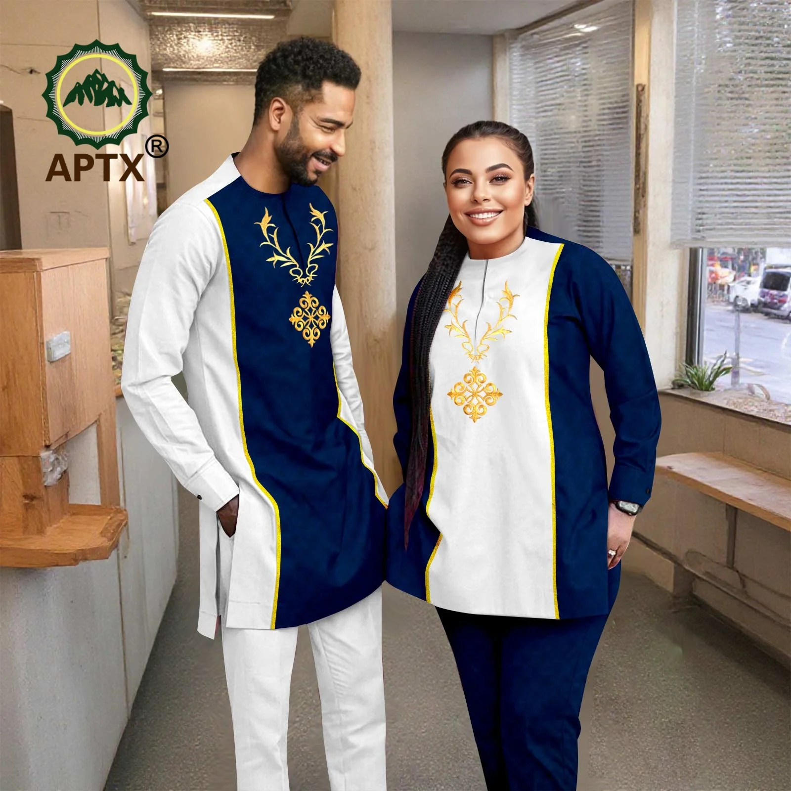 بدلات الزوجين الأفريقية المذهبة الدانتيل مطابقة رداء للرجال مجموعة النساء فستان Agbada ملابس الزفاف مساء ارتداء اليومي