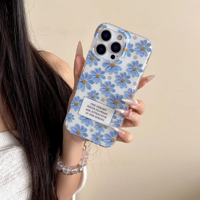 Ins الأزرق ديزي زهرة ثنائي الطبقة IMD جراب هاتف آيفون 16 برو ماكس 15 برو 14/13 13 برو لينة غطاء كامل شل حماية الجسم #1