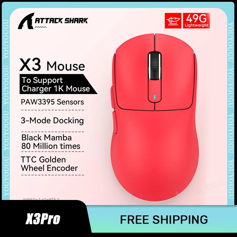 mouse sem fio tubarao de ataque x3pro 4k 8k pixart paw3395 leve 24g bluetooth tipo c jogador de modos mouse para jogos de 26000dpi 01