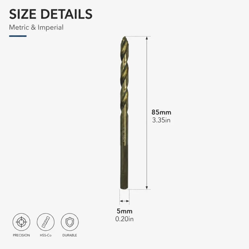 5mm High Speed Steel Twist Drill Bit HSS‑Co Titanium Coated Drill Bit for DIY Metal Wood Working